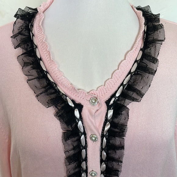 BEREK by Takahe Sakor Pink Knit Cardigan Black Lace Rhinestone Pearl Buttons - Picture 2 of 10